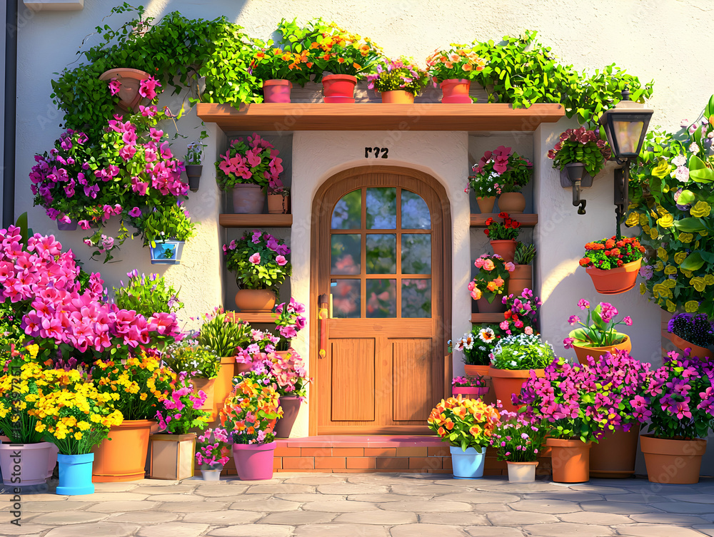 Fototapeta premium Charming Home Entrance with Flowering Potted Plants and Wooden Door