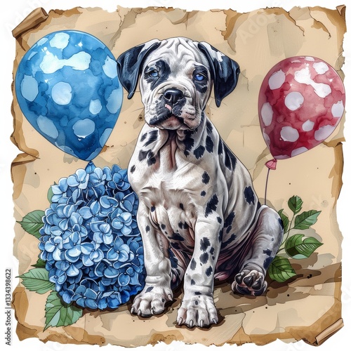 Adorable Dalmatian puppy with captivating blue eyes sitting playfully among colorful balloons and a beautiful blue hydrangea flower on parchment paper
