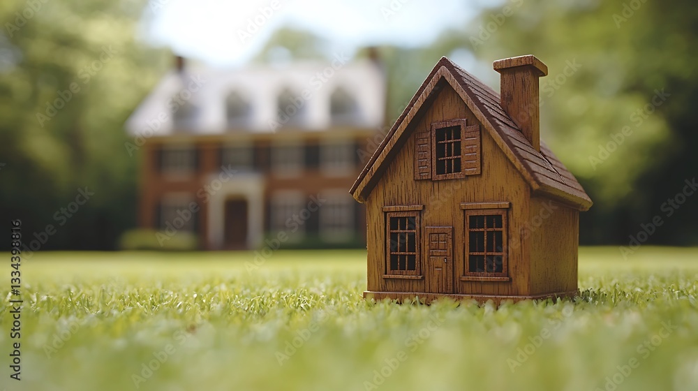 Wooden model house on grass, large house in background. Wooden model house on grass, large house in background.