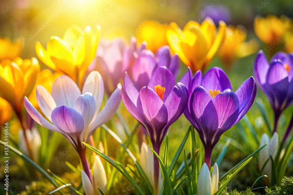 Fototapeta premium Aerial View of Gentle Purple and Yellow Crocus Flowers in Spring Garden
