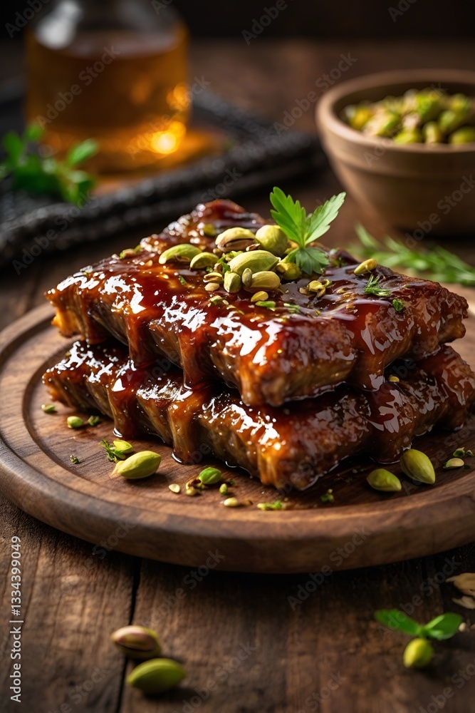 Baklava barbecue ribs, BBQ ribs with honey glaze, American barbecue ribs, fusion barbecue, sweet and savory ribs, glazed ribs with pistachios, gourmet BBQ food, high-resolution food photography, ultra Baklava barbecue ribs, BBQ ribs with honey glaze, American barbecue ribs, fusion barbecue, sweet and savory ribs, glazed ribs with pistachios, gourmet BBQ food, high-resolution food photography, ultra
