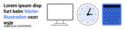 Monitor, analog clock, and calculator representing productivity, organization, and efficiency. Ideal for time management, digital tools, business planning, education remote work office setup