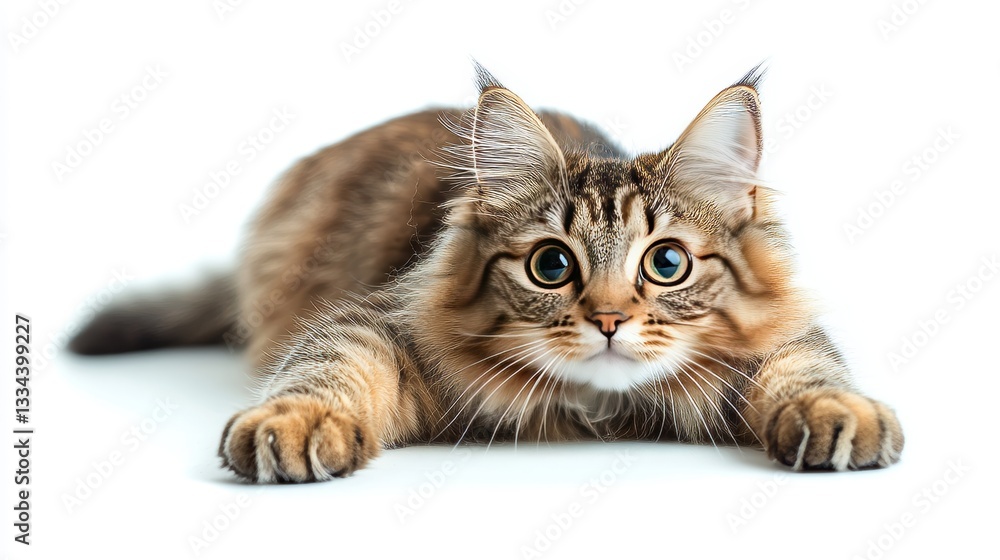 Obraz premium Adorable fluffy tabby kitten with big green eyes lying down on a white background and looking directly at the camera in a studio setting