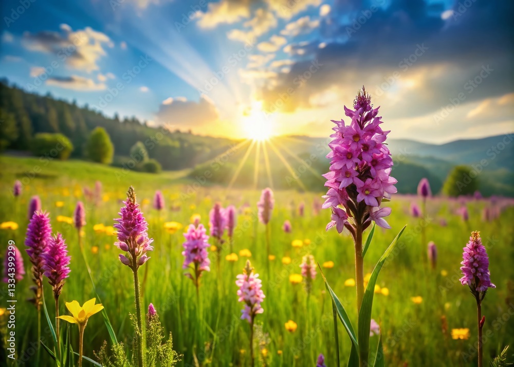 Fototapeta premium Aerial View of Intricate Orchid Wildflowers in Lush Meadow
