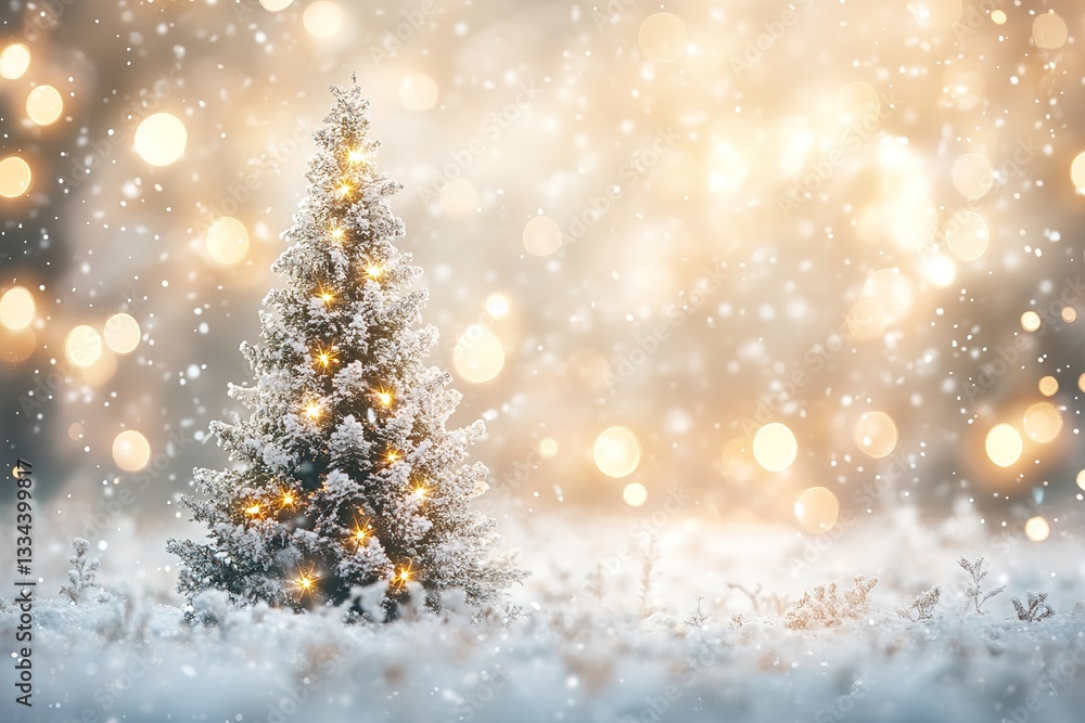 Magical Snow-Covered Christmas Tree with Warm Lights & Bokeh Background Magical Snow-Covered Christmas Tree with Warm Lights & Bokeh Background