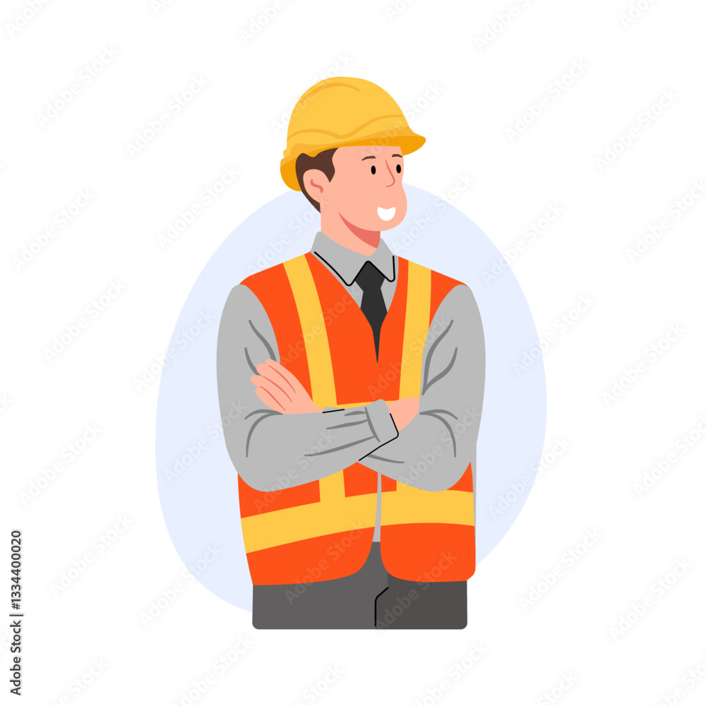 A vector illustration of an engineer wearing a safety helmet and orange vest, standing with arms crossed, symbolizing confidence and readiness. A vector illustration of an engineer wearing a safety helmet and orange vest, standing with arms crossed, symbolizing confidence and readiness.