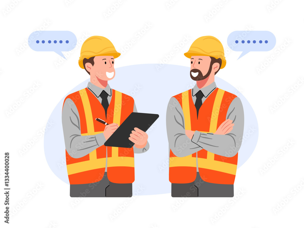 A vector illustration of two engineers standing and consulting, symbolizing teamwork and collaboration in a project. A vector illustration of two engineers standing and consulting, symbolizing teamwork and collaboration in a project.