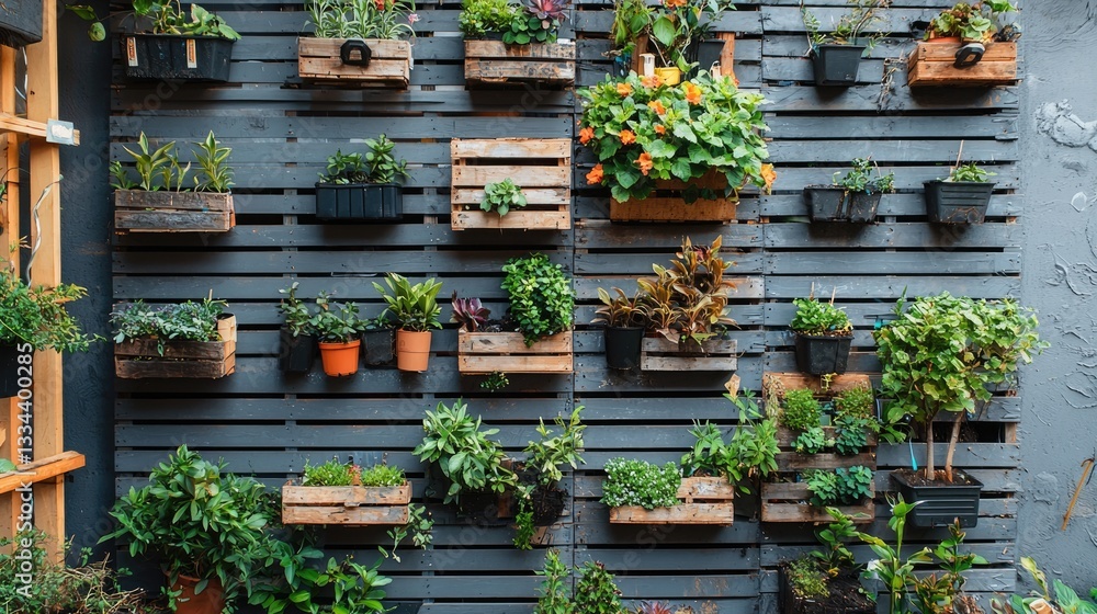 Vertical garden featuring various potted plants on a wooden wall.