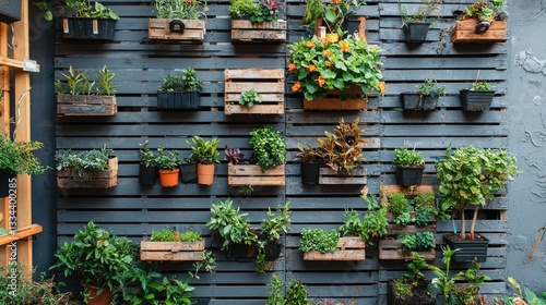 Obraz na płótnie Vertical garden featuring various potted plants on a wooden wall. w salonie