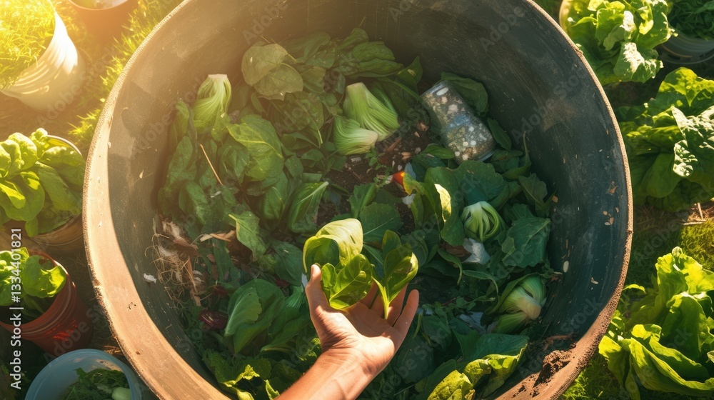 A hand reaching into a compost bin filled with food scraps and leafy greens.