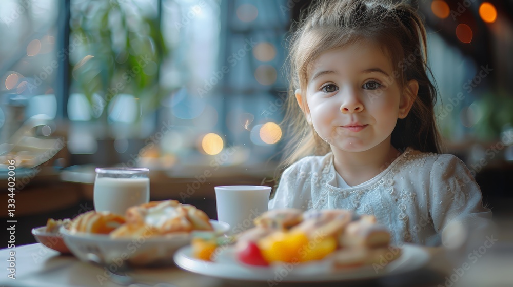 Adorable little girl enjoying a delicious and nutritious breakfast at the restaurant with soft natural lighting, creating a warm and inviting atmosphere Adorable little girl enjoying a delicious and nutritious breakfast at the restaurant with soft natural lighting, creating a warm and inviting atmosphere