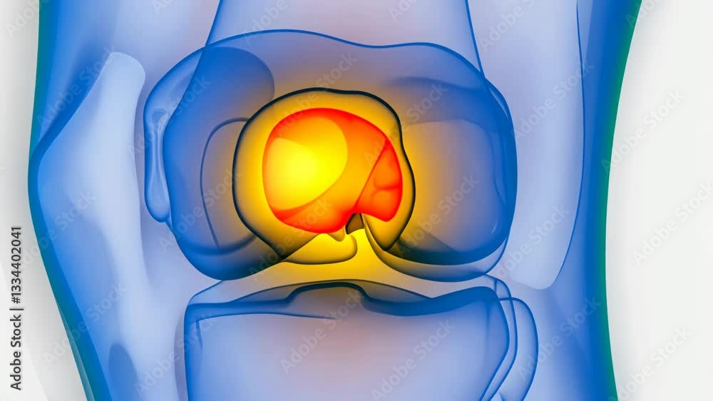 A digital medical illustration of human knee joint, highlighting pain ...