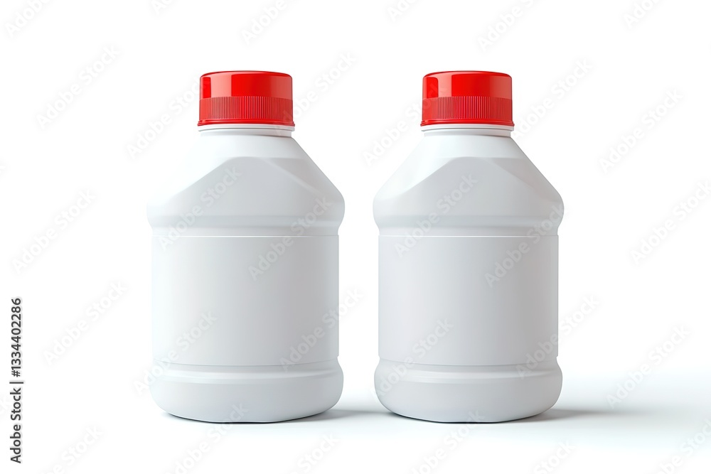 Two White Plastic Bottles with Red Caps Mockup, Packaging Design Template Two White Plastic Bottles with Red Caps Mockup, Packaging Design Template
