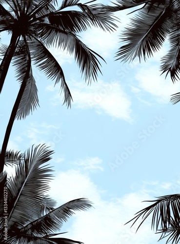 Tropical Palm Trees Against a Light Sky.  Silhouette palms frame a light-blue sky with wispy clouds