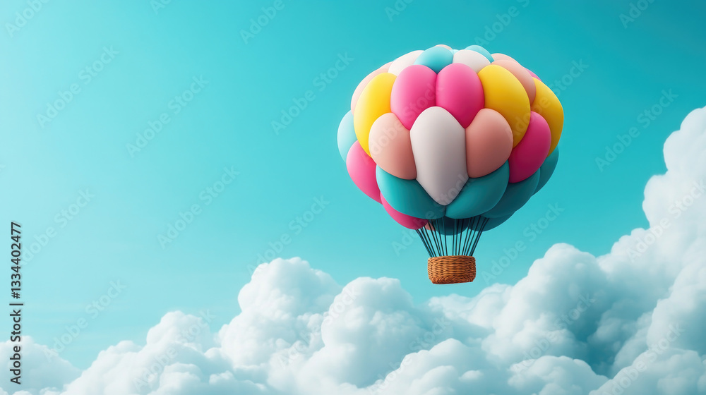 Naklejka premium Soaring hot air balloon adventure above the clouds photography serene sky aerial view freedom and exploration