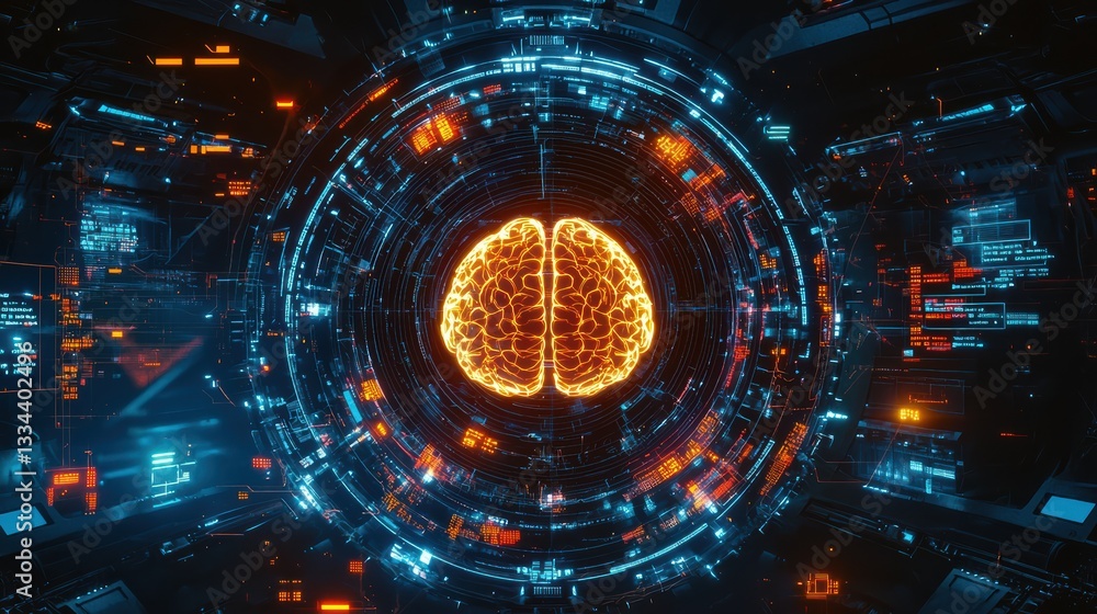 Obraz premium Neon cybernetic interface showcasing futuristic ai brain design