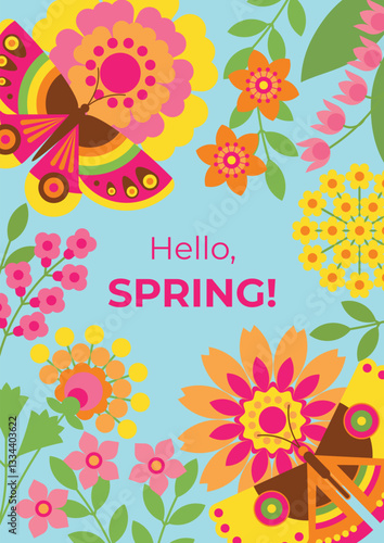Beautiful floral background with decorative flowers and butterflies. Bright flyer with frame of abstract flowers and insects.