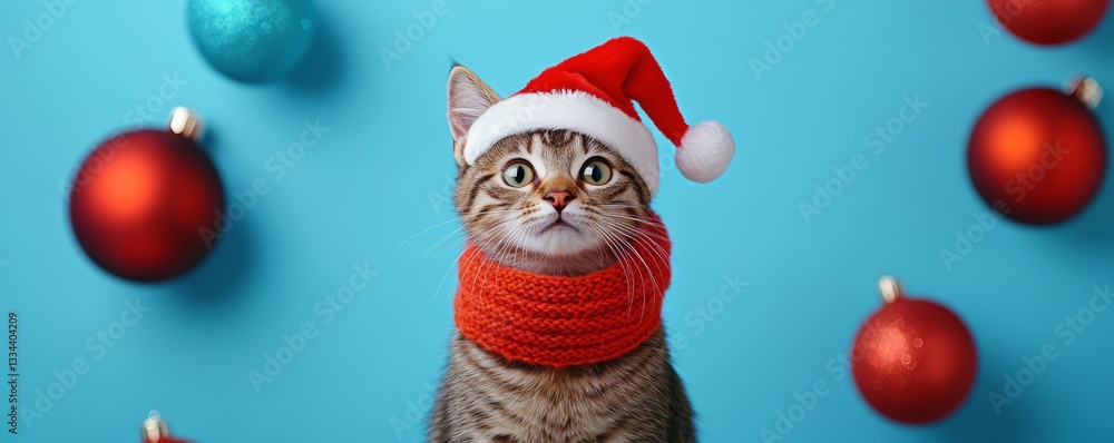 Adorable tabby kitten wearing a festive red Santa hat and knitted scarf gazes inquisitively against a bright blue backdrop adorned with vibrant Christmas baubles Adorable tabby kitten wearing a festive red Santa hat and knitted scarf gazes inquisitively against a bright blue backdrop adorned with vibrant Christmas baubles