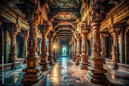 Ancient Hindu Temple Jambukeswar: High Stone Ceiling, Carved Columns, Dark Hallway - Tilt-Shift Photography