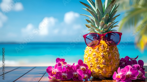 Fototapeta Naklejka Na Ścianę i Meble -  Panorama view on beautiful sunset and tropical beach. Relaxation and calmness beach holiday, resort or hotel. Summer vacation on tropical beach landscape	