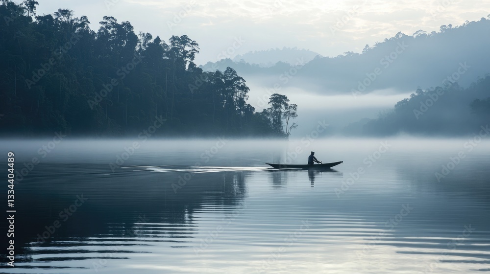 Fototapeta premium Misty lake at dawn with a lone kayaker paddling through calm waters.