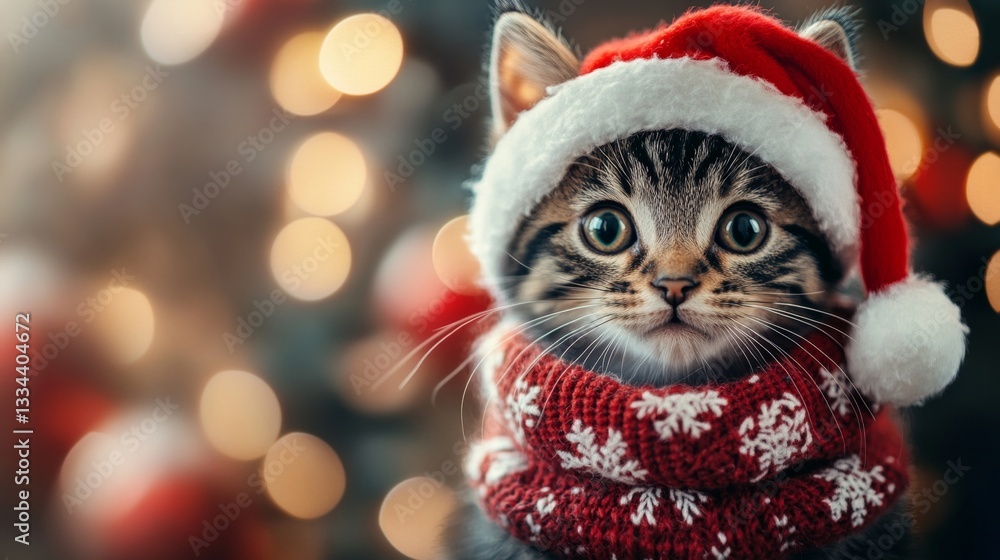 Adorable tabby kitten with expressive eyes wearing a miniature Santa hat and snowflake scarf in a festive holiday setting with bokeh lights Adorable tabby kitten with expressive eyes wearing a miniature Santa hat and snowflake scarf in a festive holiday setting with bokeh lights