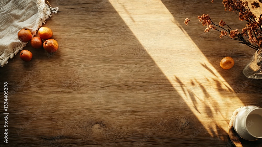 Sunlit Wooden Tabletop Still Life with Oranges and Dried Flowers Sunlit Wooden Tabletop Still Life with Oranges and Dried Flowers