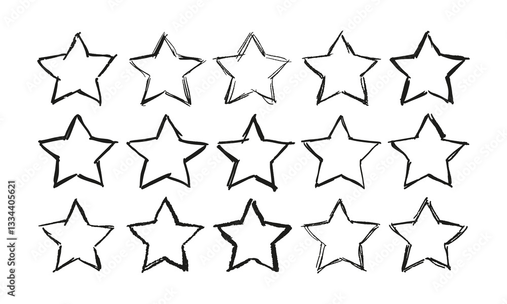 Fifteen rough outline images of five-pointed stars. Doodles and squiggles. Vector set Fifteen rough outline images of five-pointed stars. Doodles and squiggles. Vector set