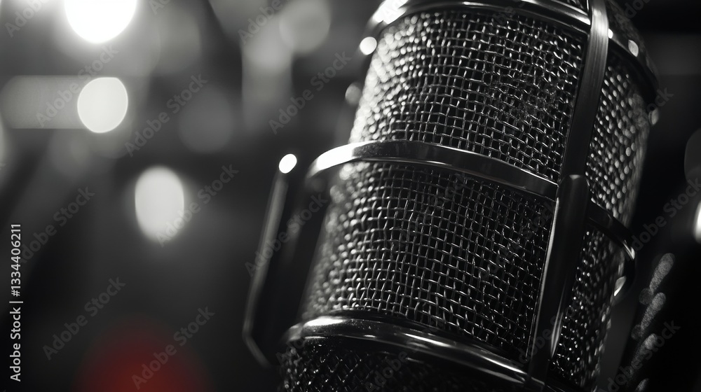 Close-up view of modern metal microphone with blurred background in professional studio photography Close-up view of modern metal microphone with blurred background in professional studio photography