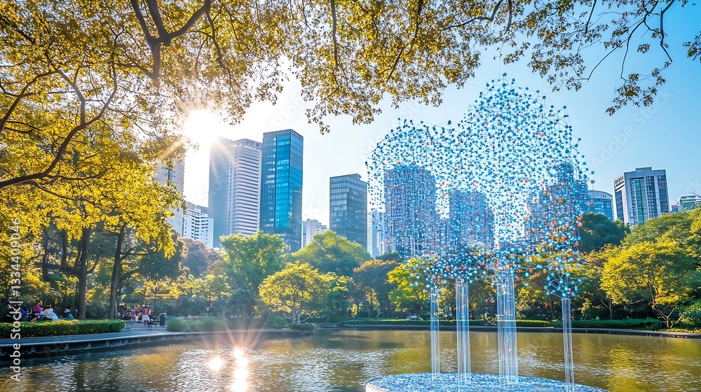 Obraz premium Urban park with modern skyscrapers, fountain, and trees.