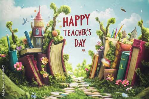 happy teacher's day book landscape, fantasy illustration, educational celebration, whimsical learning environment