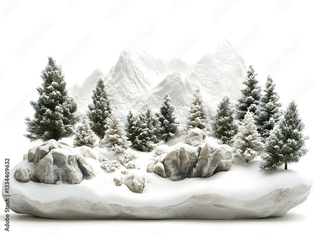 Fototapeta premium A pristine winter landscape featu snow covered evergreen trees and majestic snow capped mountains on a snowy rock formation.