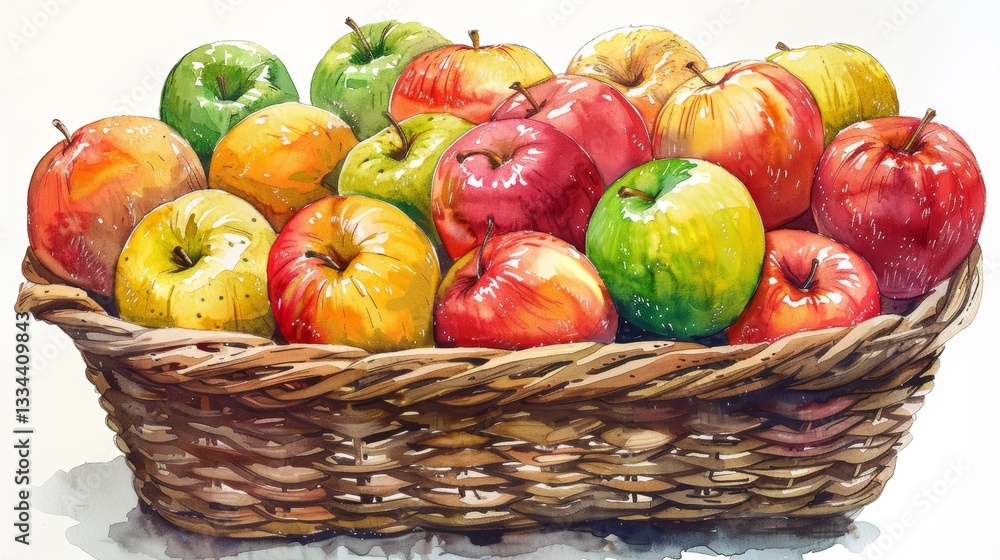 Colorful illustration of many varieties of apples in a basket on a white background Colorful illustration of many varieties of apples in a basket on a white background