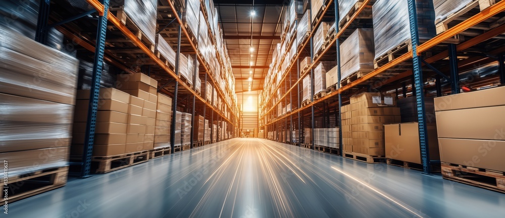 Fototapeta premium Cardboard boxes moving through warehouse with motion blur effect