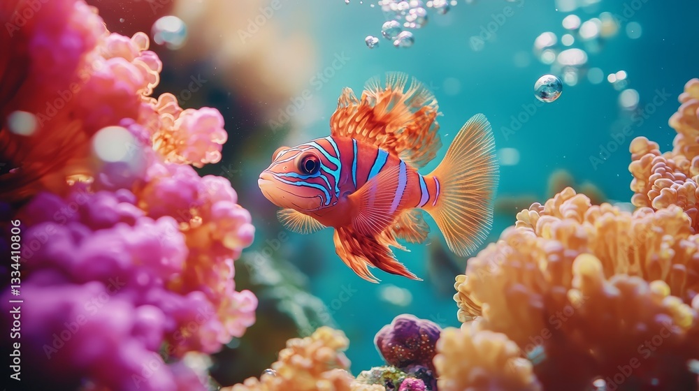 Fototapeta premium Dynamic underwater shot of mandarinfish swimming amidst vivid coral and playful bubbles, with soft-focus edges highlighting their radiant hues