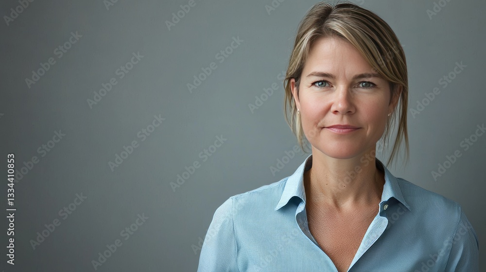 Self-assured female professional in a sharp blue shirt, highlighting space to the right, with an understated gray background, polished studio feel Self-assured female professional in a sharp blue shirt, highlighting space to the right, with an understated gray background, polished studio feel