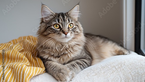 A fluffy long haired cat relaxing on a white cushioned surface