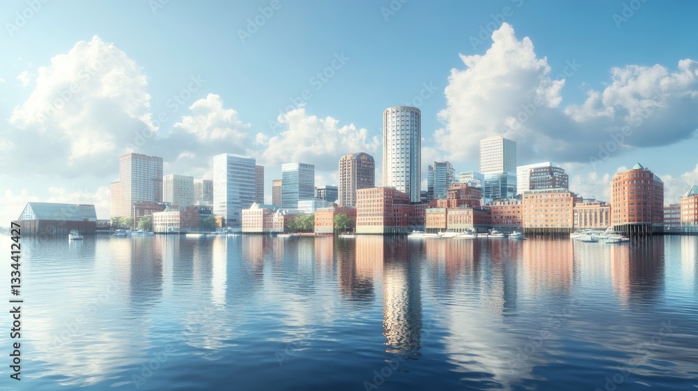 Fototapeta premium City buildings reflecting beautifully upon calm water during the daytime