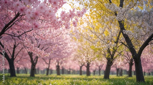 Spring garden with cherry and plum blossoms in sunlight