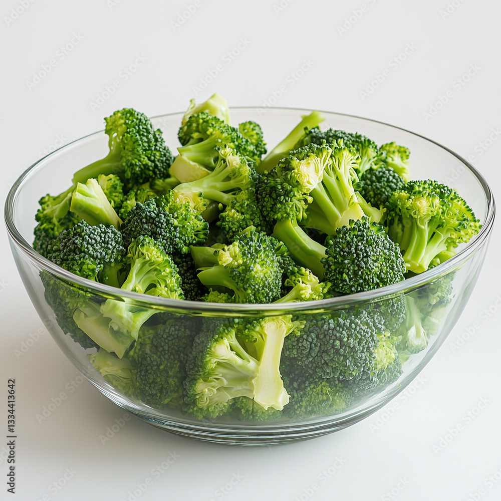 Fresh broccoli florets in a clear glass bowl on a light background Fresh broccoli florets in a clear glass bowl on a light background