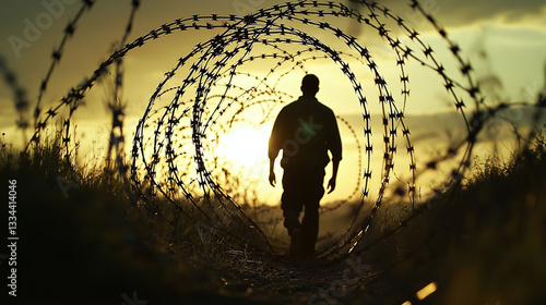 Unlawful passage: refugee attempts illegal crossing, migration struggles, border security, barbed wire obstacles, human rights issues, displacement crisis, global challenges, undocumented movement