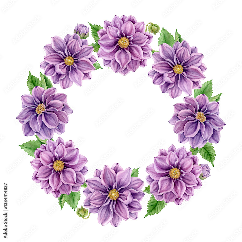 Round floral frame with purple dahlias and green leaves on white background. Botanical watercolor illustration, hand drawn. For printmaking, greeting cards, gift wrapping. Round floral frame with purple dahlias and green leaves on white background. Botanical watercolor illustration, hand drawn. For printmaking, greeting cards, gift wrapping.