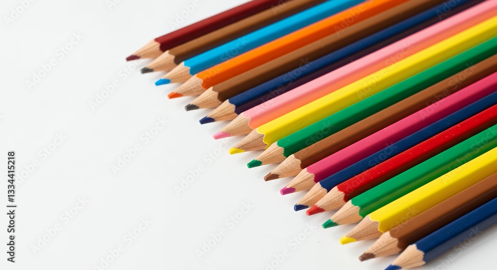 Colorful Pencils Arranged in Row on White Background for School Supplies Colorful Pencils Arranged in Row on White Background for School Supplies