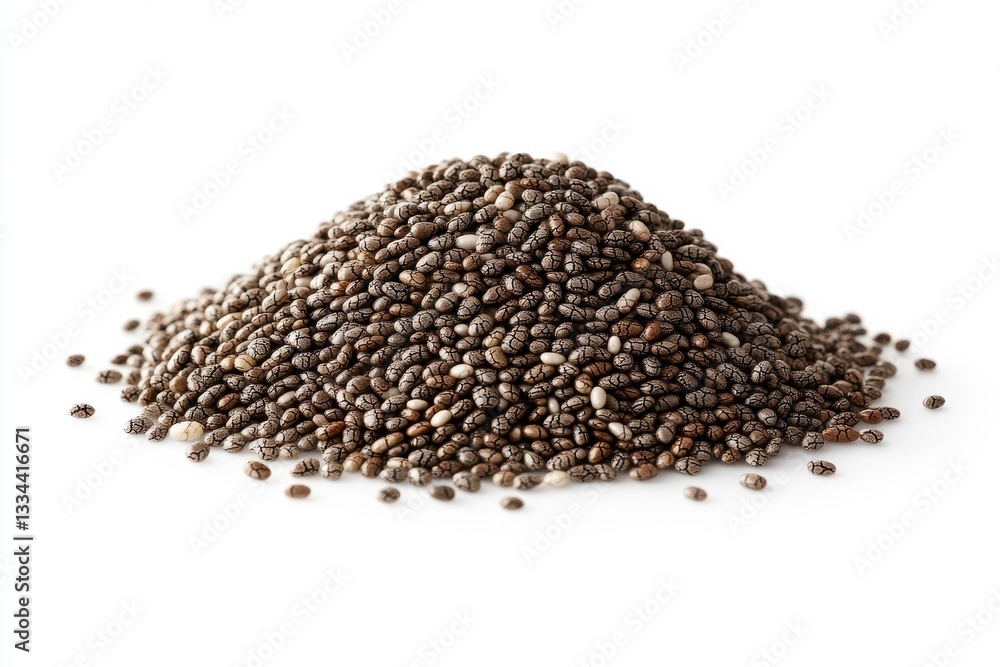 A small heap of chia seeds with their tiny textured details creates a minimal and elegant composition against an isolated white background. A small heap of chia seeds with their tiny textured details creates a minimal and elegant composition against an isolated white background.