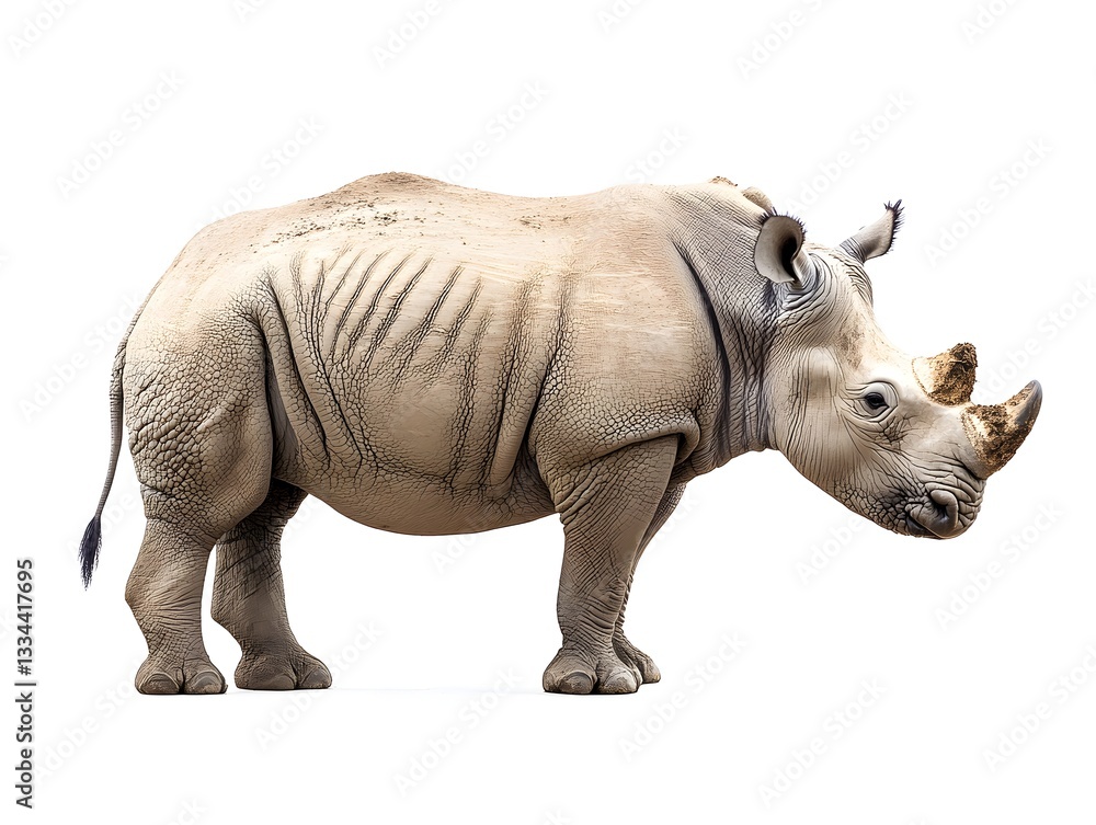 Fototapeta premium A majestic adult white rhinoceros stands majestically on a pure white background isolated for easy use in design projects or presentations.