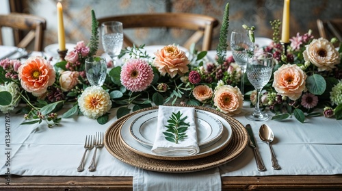 Elegant table setting with floral centerpiece and rustic decor