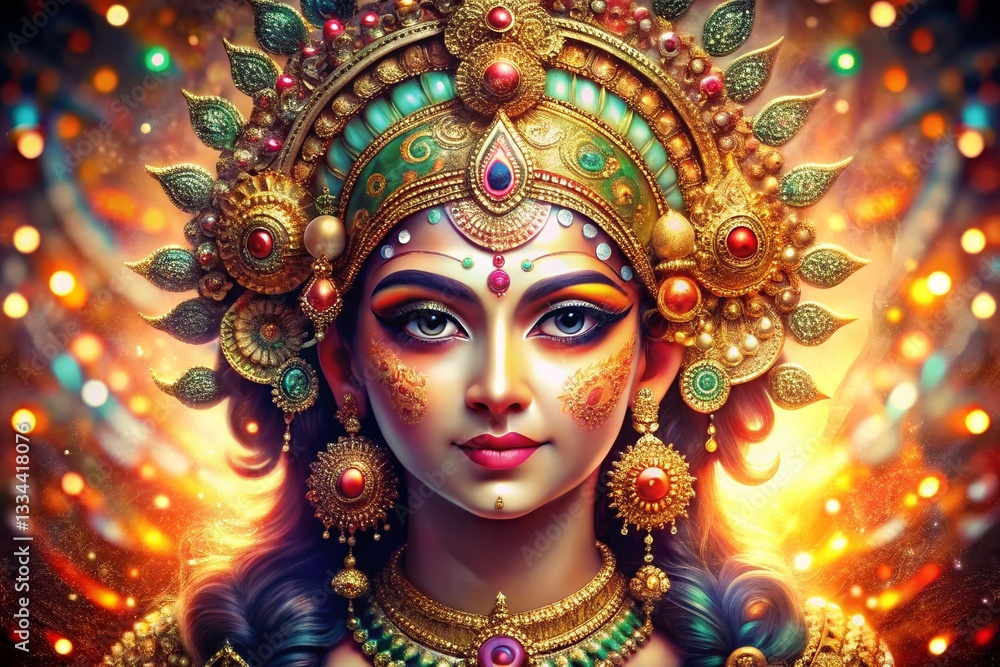 Closeup Glittering Durga Goddess Face Double Exposure Stock Photo Closeup Glittering Durga Goddess Face Double Exposure Stock Photo