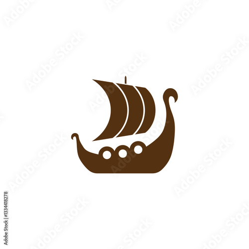A Scandinavian Viking drakkar icon with brown hues, shields, and sail, symbolizing antique marine design, history, and Nordic mythology.