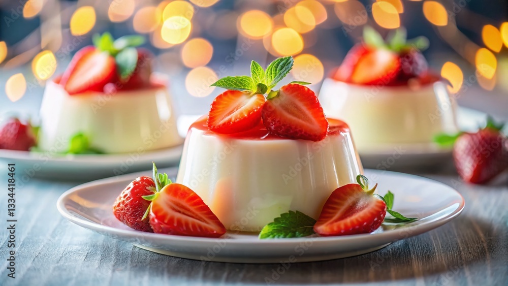 Close-up Night Shot: Gluten-Free Panna Cotta with Strawberries