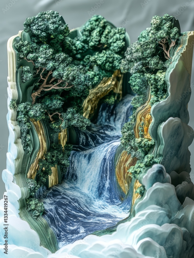 Fototapeta premium Delicate Handcrafted Pop-Up Book with Lush Greenery and Vibrant Floral Accents in Golden Details